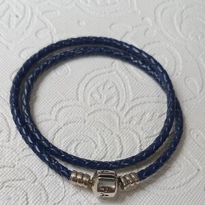 Pandora Vintage Stirling Silver Dark Blue Double Strand Braided Leather Bracelet